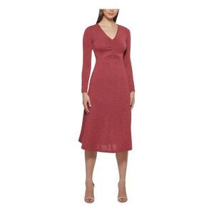 KENSIE DRESSES Womens Maroon Long Sleeve Midi Wear To Work Fit + Flare Dress XXL